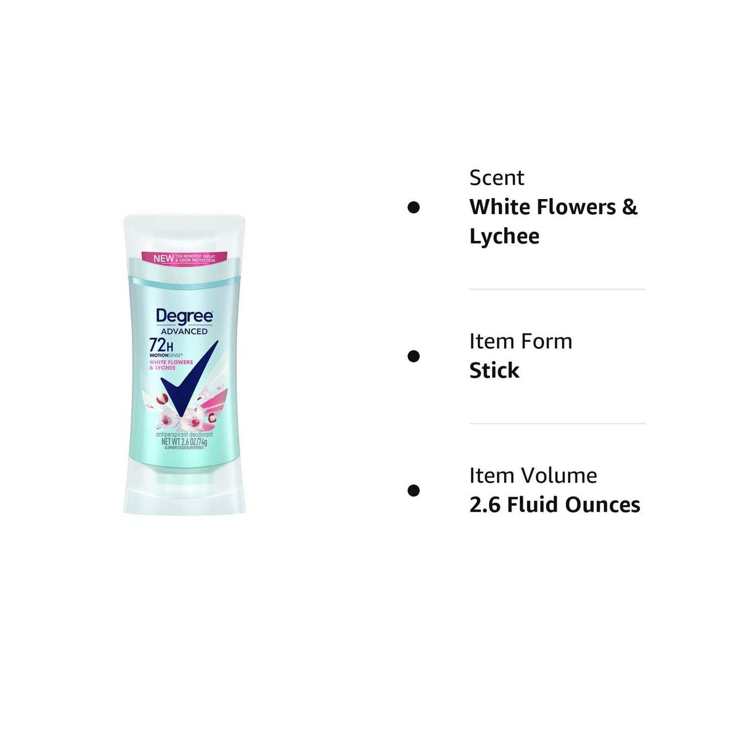Degree Advanced Protection Antiperspirant Deodorant White Flowers & Lychee for 72-Hour Sweat & Odor Control for Women, with Body Heat Activated Technology, 2.6 oz