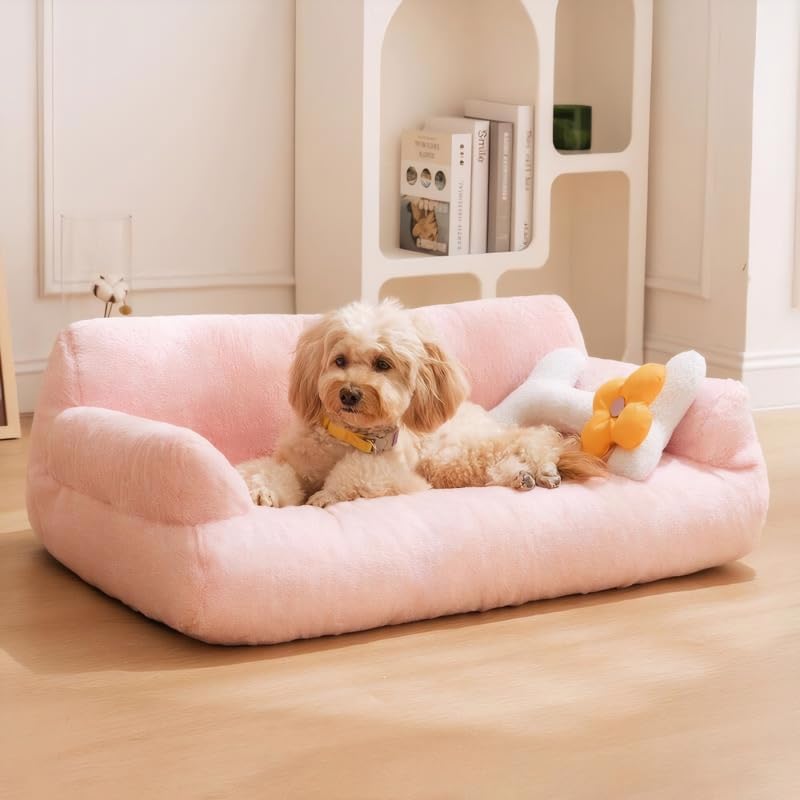 pawstrip Cat Couch Bed with Removable Cover Washable Pink Small Dog Bed Soft Plush Pet Sofa for Indoor Cats Cute Princess Puppy Cushion, Non-Slip Bottom (Pink, 30x21x12 inch)