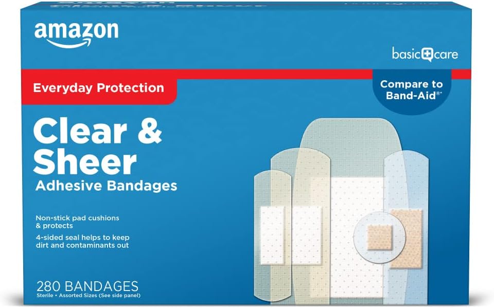 Amazon Basic Care Sheer and Clear Adhesive Bandages Family Variety Pack for Minor Cuts, Scrapes, First Aid and Wound Care Supplies, Assorted Sizes, 280 Count