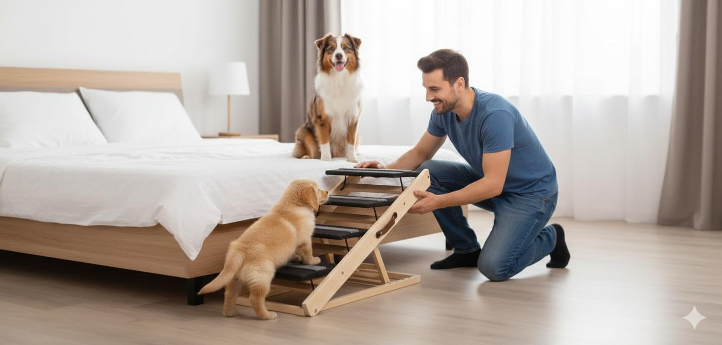 3 Steps Wood Pet Stairs & Ramp for Small and Medium Dogs and Cats, Portable Ramp Pets 2-in-1 Foldable, Non-Slip Pet Ladder for Tall Beds, Sofa, Cars, Holds Up to 220 lbs (3 Steps)