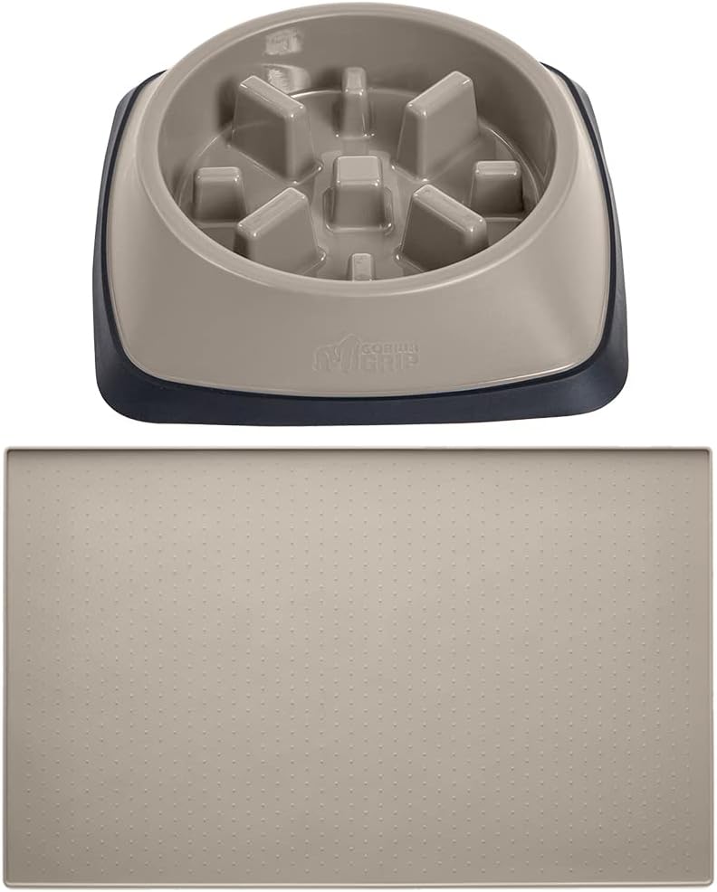 Gorilla Grip Slow Feeder Dog Bowl and Pet Feeding Mat, 4 Cups Dogs Pet Bowls Slip Resistant, Dog Food Mats Size 18.5x11.5 Waterproof Placemats, Both in Beige Color, 2 Item Bundle