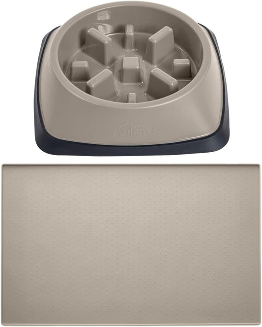 Gorilla Grip Slow Feeder Dog Bowl and Pet Feeding Mat, 4 Cups Dogs Pet Bowls Slip Resistant, Dog Food Mats Size 18.5x11.5 Waterproof Placemats, Both in Beige Color, 2 Item Bundle