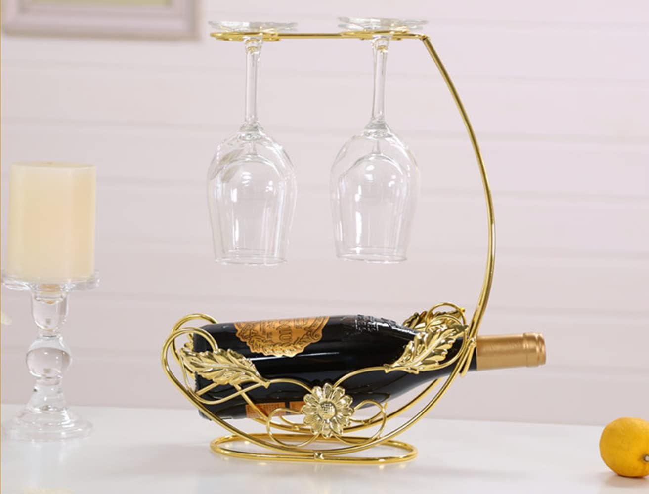 Homya Tabletop Wine Rack - Metal Fine Forged Wine Glass Display Holder, Holds 1 Bottle and 4 Glasses, Gold