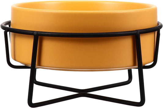 Milisten Ceramic Dog Bowl and Cat Bowl with Raised Black Iron Stand 14cm Protective Spine for Food and Water Yellow Pet Feeding Dish for Dogs and Cats