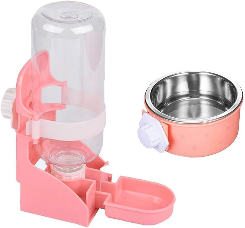kathson Rabbit Suspended Feeder Dispenser Hanging Water Fountain Automatic Bottle,Crate Bowl Removable Plastic Stainless Steel Pet Cage Coop Cup with Bolt Holder Set for Bunny Cat Dog and Other Animal