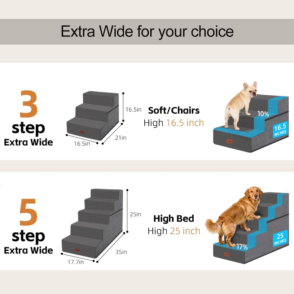 Dog Stairs for Small Dogs, 16.5" H, 3-Step Extra Wide Pet Steps for Bed Couch Sofa and Chair, Non-Slip Balanced Pet Ramp for Medium Cats,Indoor Dog Ladder, Grey
