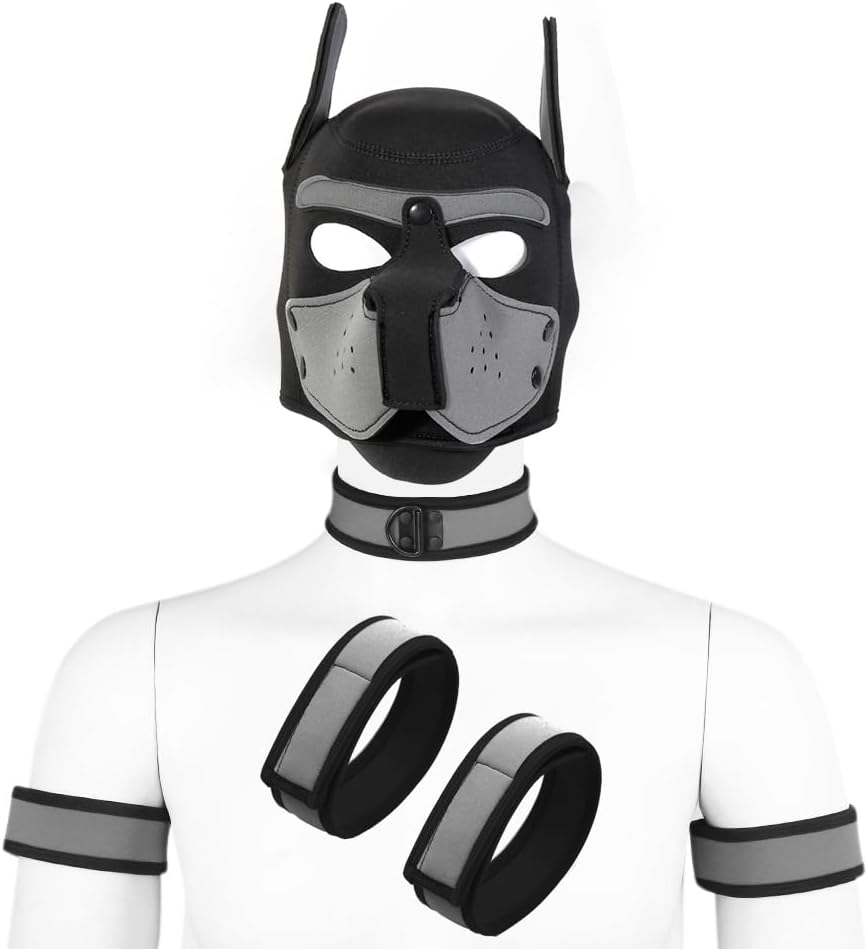 Neoprene Puppy Hood Mask Removable Halloween Dog Head Hood Costume Accessory (Gray, Mask Collar&Armand)