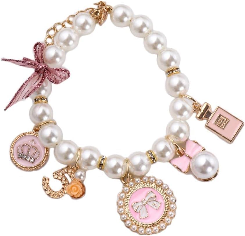 Dog Pearl Collars Princess Bow Necklace Pet Necklace DogCute Collar Puppy Accessories Cat Jewelry Neck Strap for Dog Cat (M)