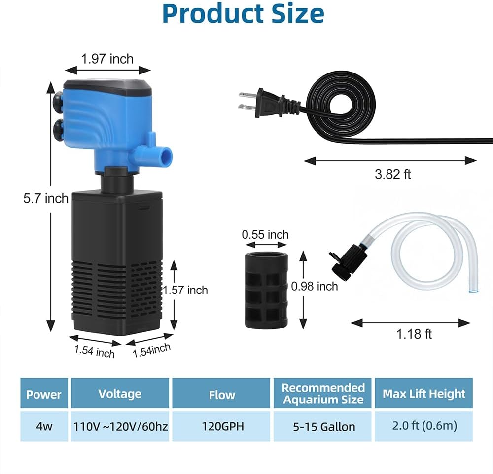 Aquarium Filter 5-15 Gallon Fish Tank Filter 120GPH Powerful Pump For Aquariums Adjustable Air Flow Submersible Internal Aquarium Filters For Pond Wavemaker Air Supply Freshwater And Saltwater