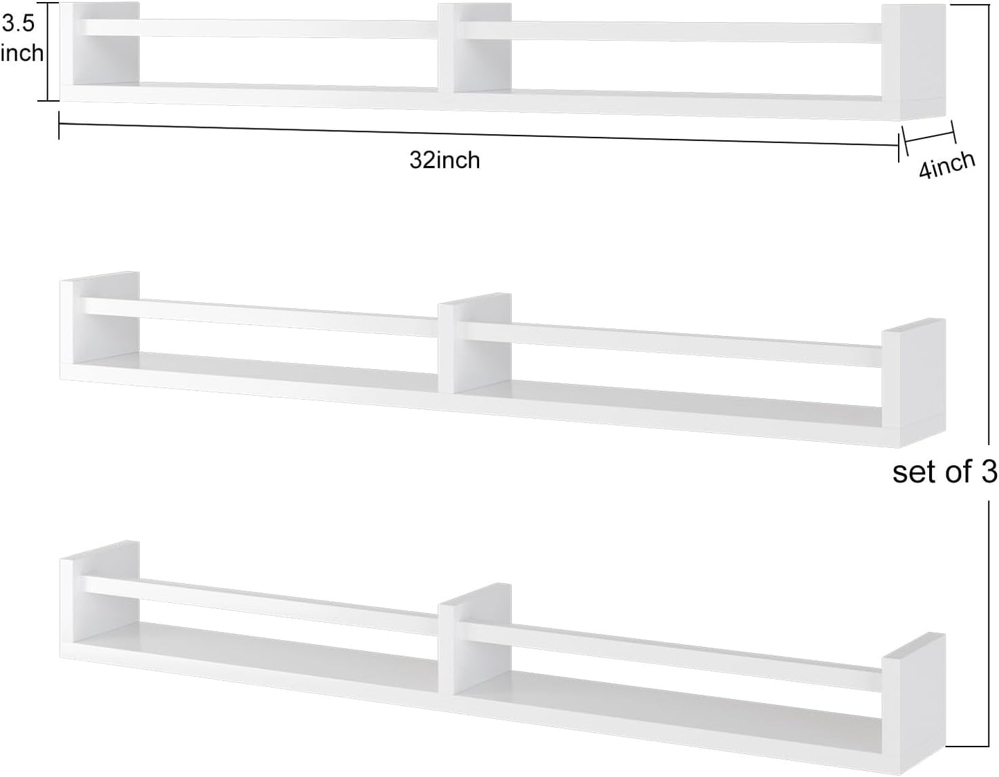White Nursery Bookshelves,32Inch, Floating Nursery Shelves - Set of 3 - Book Shelf Organizer for Baby Nursery Room Decor, Wall Shelves for Kitchen Spice Rack, Pine