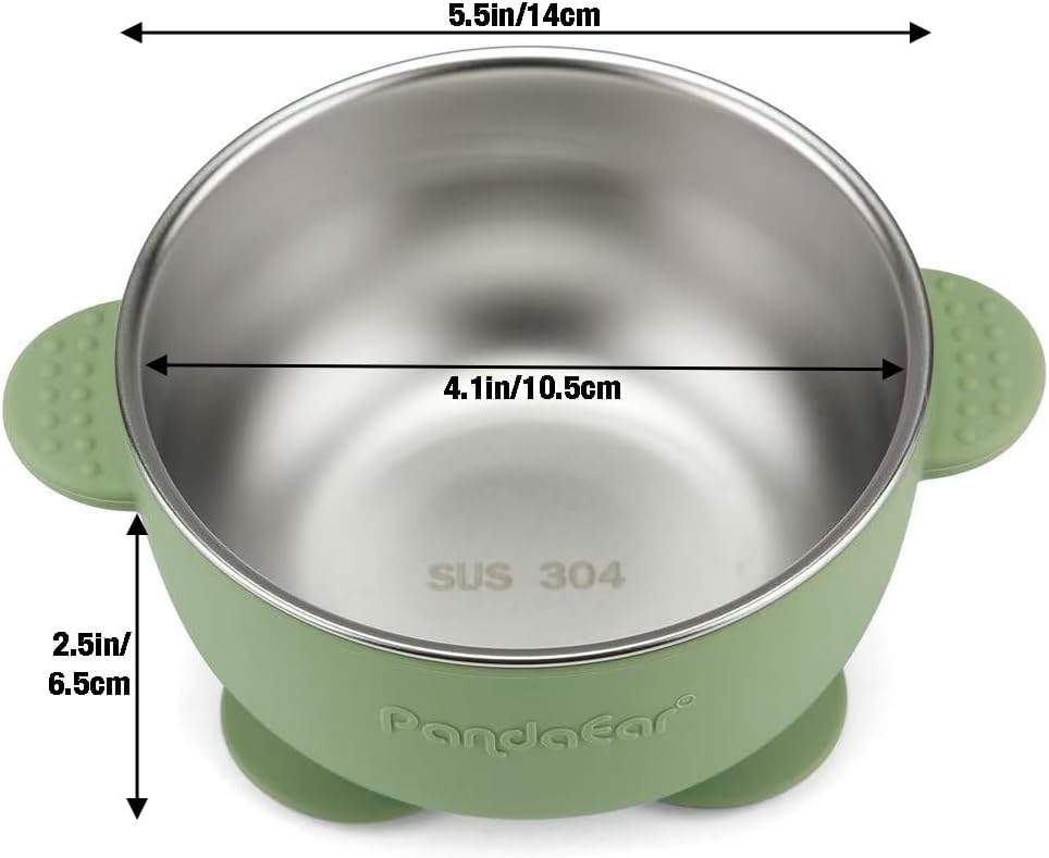 PandaEar 3 Pack Stainless Steel Baby Suction Bowls, Non-Slip Child Food Bowl with Silicone Sleeve for Kids Toddlers Infants, Unbreakable & Mess Free (Blue Green Brown)