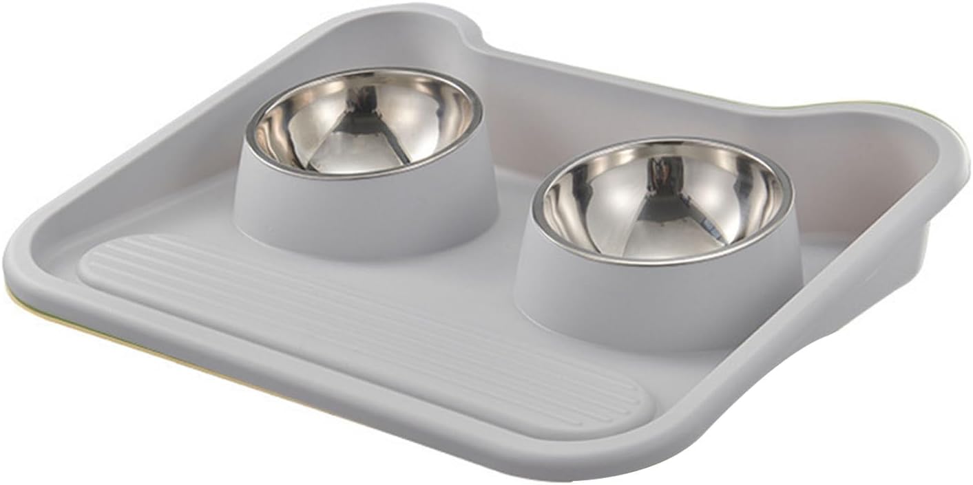 Double Cat Bowls, Raised Food Feeder for Cats and Dogs, Pet Food Container for Small Puppy, Flat Basic Spill Proof Cat Water Bowls (Grey)