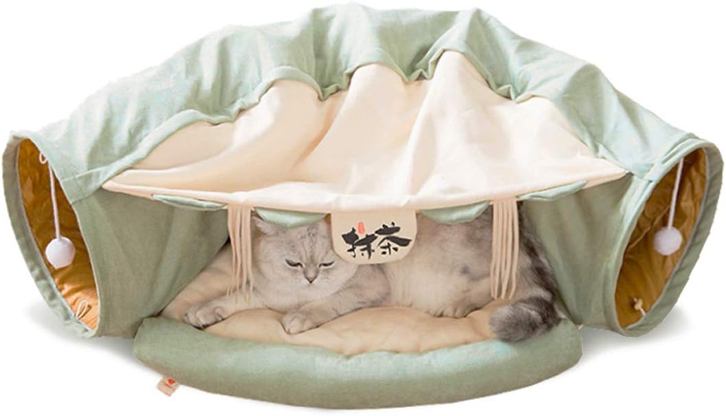 Cat Toys Collapsible Tunnel Bed Cozy Cave, Round Cuddle Snuggery Burrow Pet Litter House Bed Channel Removable Cover for Indoor Rabbits, Kittens and Dogs - Green