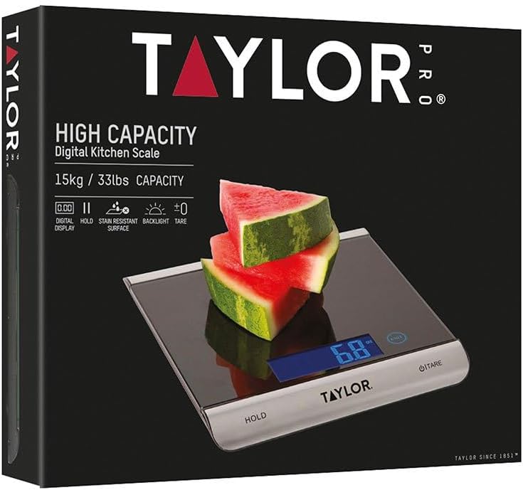 Taylor Pro Ultra High Capacity Digital Kitchen Food Scales, Compact Professional Standard with Precision Accuracy and Tare Feature, Black Glass And Stainless Steel, Weighs 15 kg Capacity