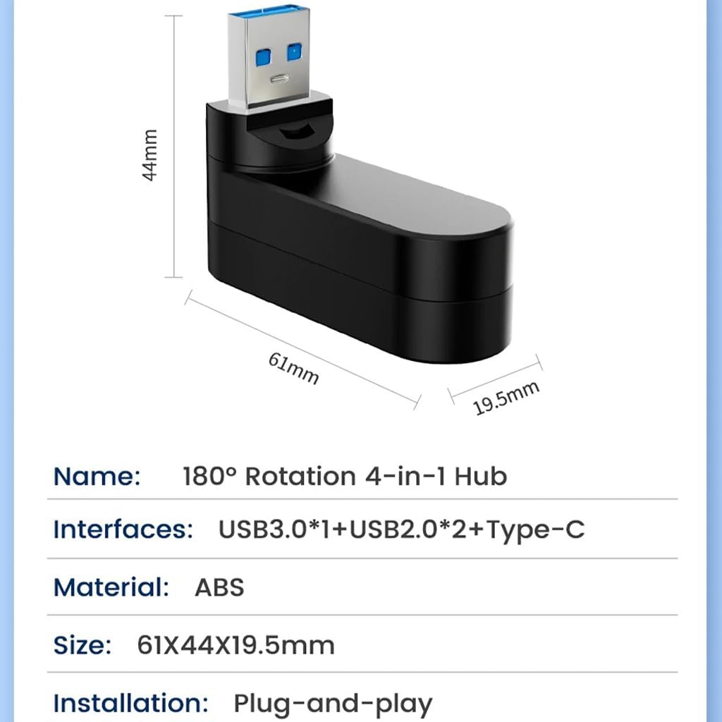 VIENON 4-Port USB 3.0 Hub [90°/180° Degree Rotatable], USB Splitter with PD-in 5W USB C Port, USB Extender for Laptop, Car, iMac, MacBook Air, MacBook Pro, and More