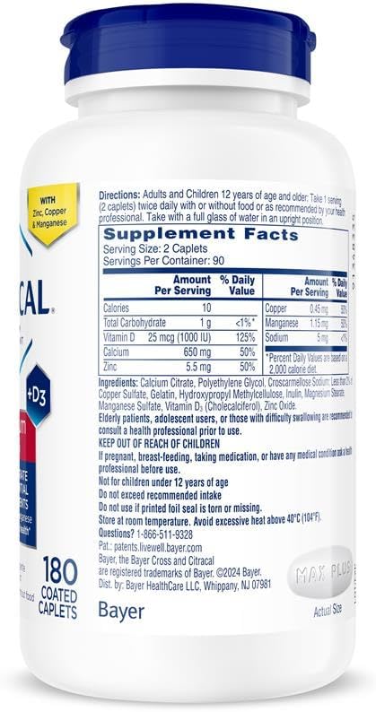 Citracal Maximum Plus Calcium Supplement - Calcium Citrate with Vitamin D3, Zinc, & Essential Minerals for Bone Health Support, Ages 12+, 180 Count (Packaging May Vary)