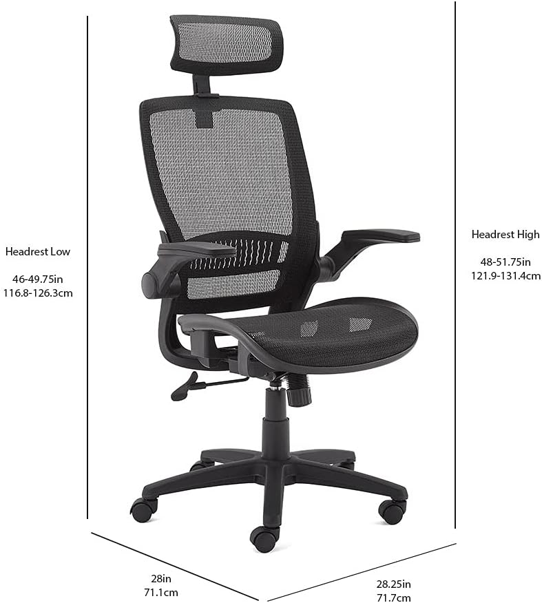 Amazon Basics Ergonomic High-Back Office Chair, Breathable Mesh, 360° Swivel, Easy to Assemble, Comfortable Flip-Up Armrests, 25.5"D x 26.25"W x 49.25"H, Black
