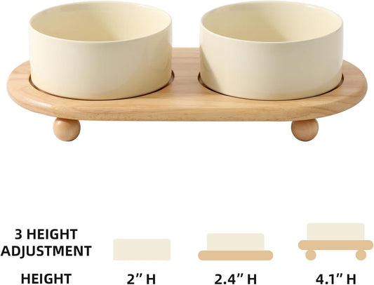 Ceramic Elevated Dog Bowls, Food and Water Bowls for Dogs, Puppy, Raised Dog Dish, Pet Feeder(6inch, 2 x Light Yellow + Stand)