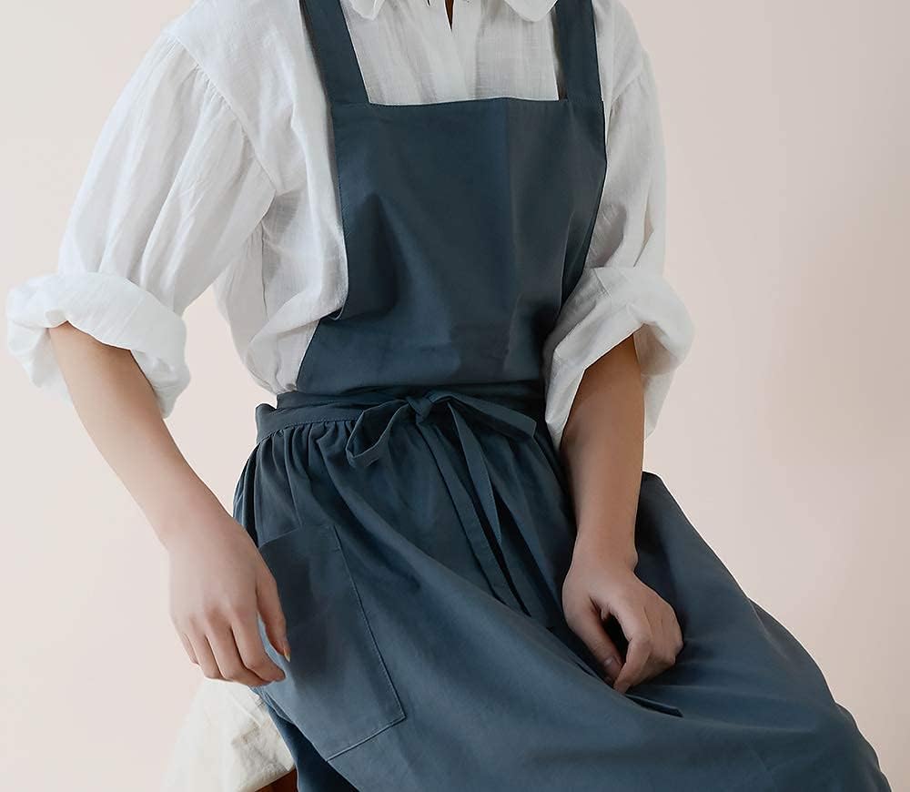 Cotton Pleated Apron Retro Waterdrop Proof Garden Cleaning Pinafore Dress