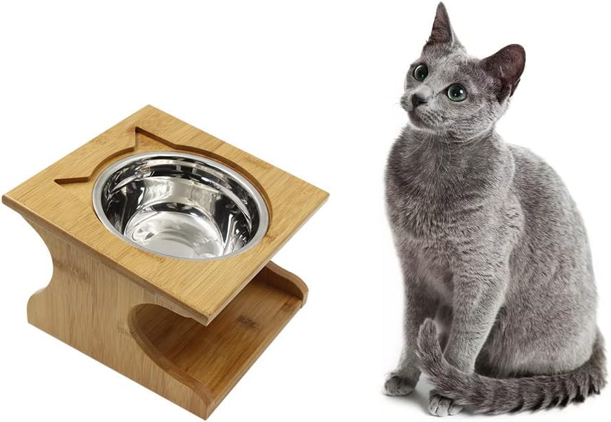 Cat Bowls Pet Dining Table with Raised Slope Wooden Stand Elevated Pet Bowls with Oblique Stand for More Comfortable Eating for Cats, Dogs, Kitten and Puppy (1 Bowl, Steel)