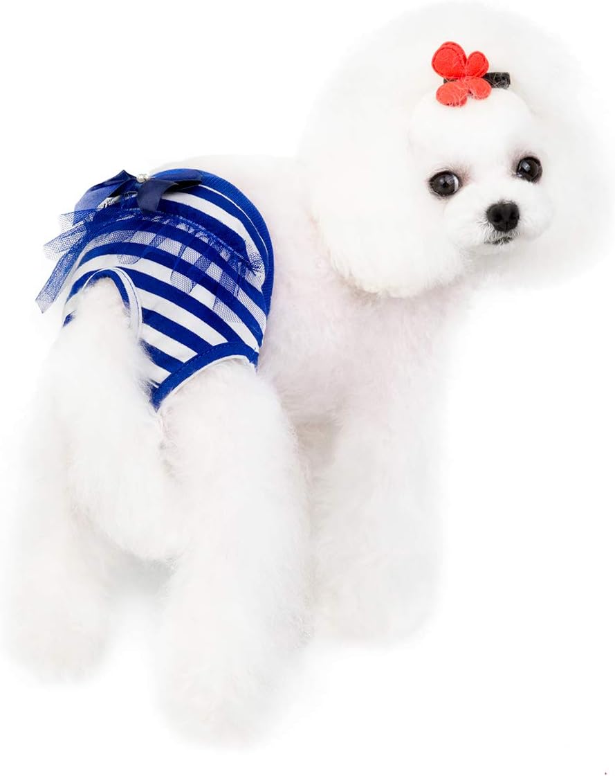 Tangpan Classic Stripes Pet Dog Cotton Diaper Bow-Knot Puppy Washable Wrap Pack of 2 (Yellow & Blue, S)