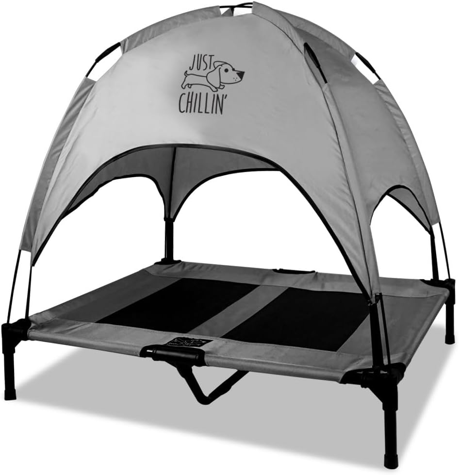 Just Chillin Large Elevated Dog Bed. Cool Cot with Removable Canopy Shade. Indoor or Outdoor Pet Use. Lightweight and Portable. Chill in Style on Raised Breathable Mesh Fabric.