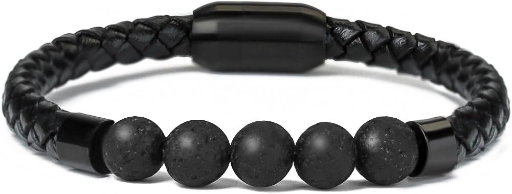 Healing Balancing Genuine Leather Beads Bracelet Magnetic Clasp Bracelet 8.5"