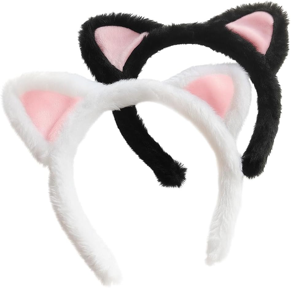 Cat Ears Headband 2‑Pack – Plush Fuzzy Headbands for Cosplay, Makeup, Yoga, Spa & Photo Props — One Size Fits Most