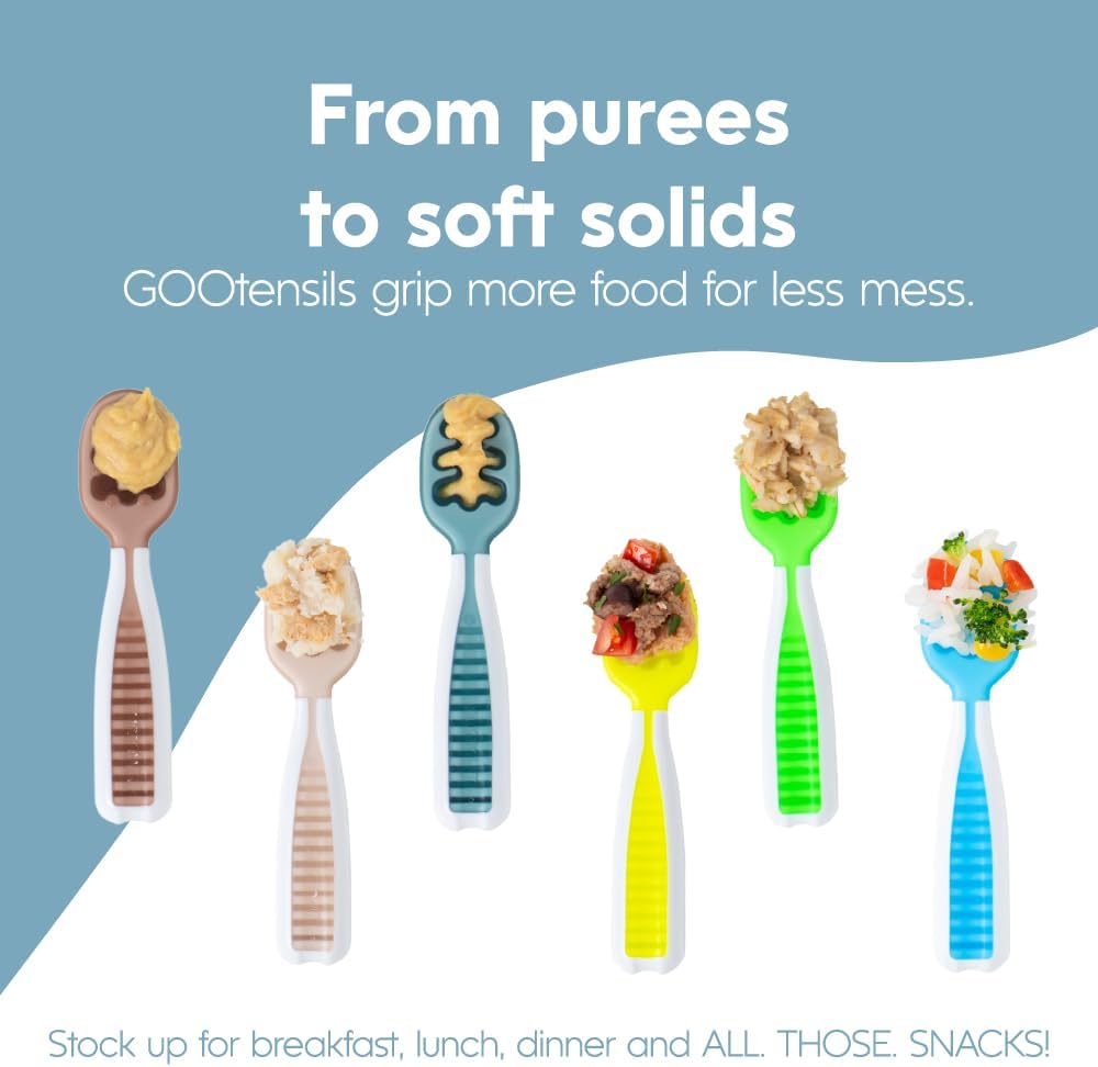 NumNum Baby Spoons Set, Feeding Littles x Silicone Pre-Spoon GOOtensils for Baby Led Weaning, Self-Feeding & Teething, First Stage Toddler Utensils for Ages 6+ Months, 3-Pack, BPA-Free (Neutrals)