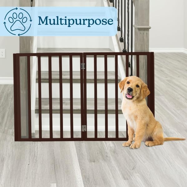 Pet Gate – Dog Gate for Doorways, Stairs or House – Freestanding, Folding, Accordion Style, MDF Wooden Indoor Dog Fence by Petmaker (4 Panel, Brown)
