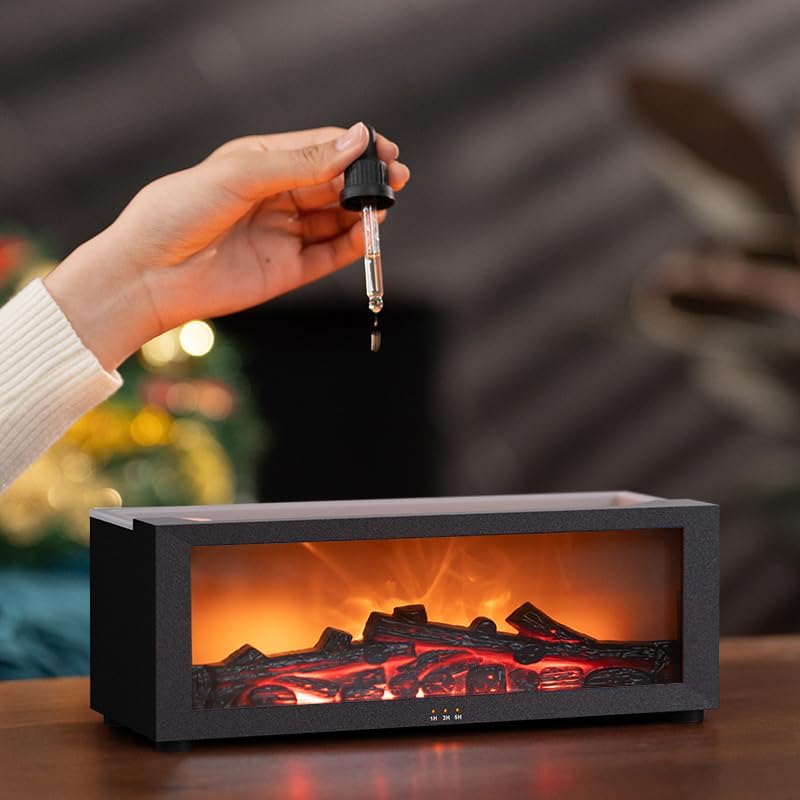 Essential Oil Diffuser, Fireplace Flame Oil Diffuser - Aromatherapy Aroma Humidifier, Upgrade 7 Colors Noiseless Remote Control - Perfect for Bedroom Home Office (150ml Fireplace Flame, Black)