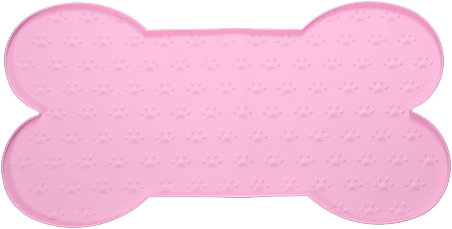 Dog Food Mat, 20x10 Inch Silicone Pet Feeding Mat Non-Slip Bone Shaped Waterproof Dog Water Bowl Tray Raised Edge Protects Floors (Pink), Intended for Pets Bowl/Fountain