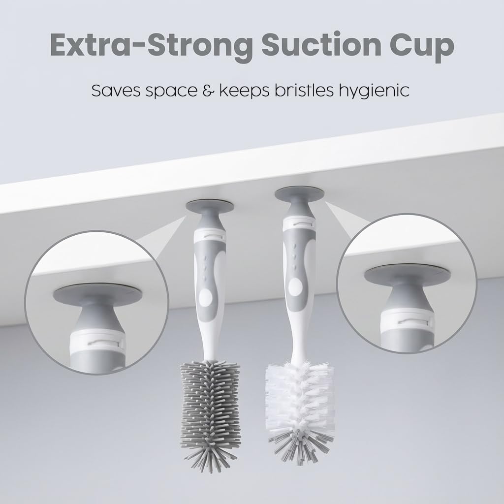 5-in-1 Baby Bottle Cleaner Set, Including Nylon & Silicone Bottle Brush, Cap, Straw & Nipple Brushes, BPA-Free (Grey)