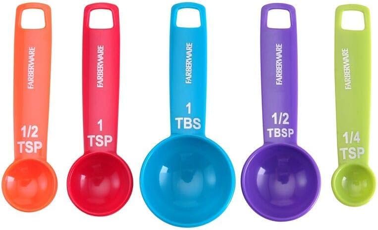 Farberware Set of 5 Measuring Spoons, Perfect for Measuring Both Wet and Dry Indgredients, Includes Detachable Ring for Optimal Storage and Organization, Dishwasher Safe, Assorted