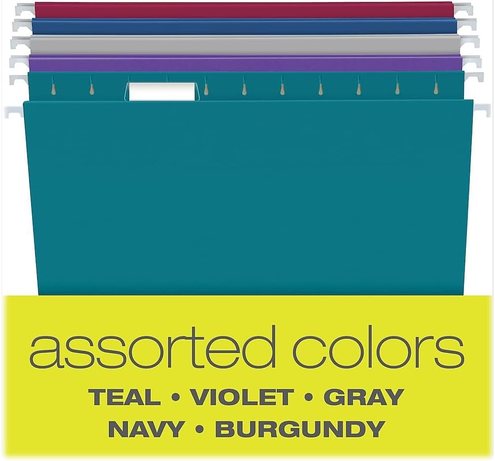 Pendaflex Recycled Hanging File Folders, Letter Size, Assorted Jewel-Tone Colors, Two-Tone for Foolproof Filing, 1/5-Cut Tabs, 25 Per Box (81667)