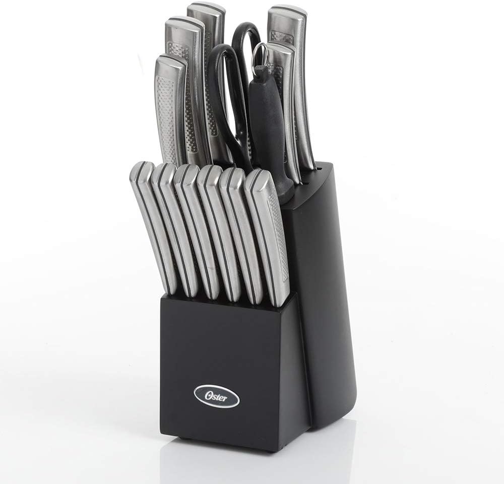 Oster Wellisford Stainless Steel Kitchen Cutlery Set with Black Wood Block Holder and Knife Sharpener for Home Chef Cooking Cutting, 14 Piece (Silver)