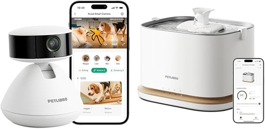 Bundle of PETLIBRO AI Dog Camera Pet Camera Indoor with Phone App 360° View + Upgrade Cat Water Fountain, Cordless Cat Fountain Battery Operated, 3L/101oz Dockstream 2 Pet Water Fountain