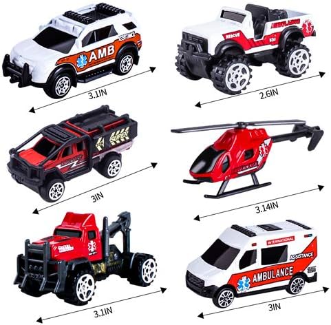Mini Diecast Emergency Rescue Vehicle Car Set ,6 Pack Emergency Rescue Vehicle Car Ambulance Helicopters Toys for Toddlers Ages 1 2 3-5 6 Birthday Stocking Stuffers for Kids Gifts