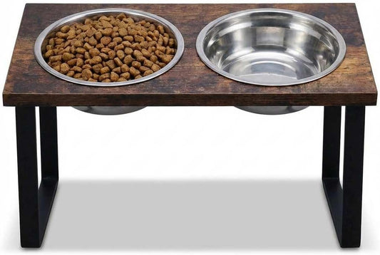 Elevated Dog Bowl Stand for Medium and Large Dogs, MDF Raised Dog Feeder with 2 Stainless Steel Bowls, Tilted Dog Food and Water Dish Set, Wooden Pet Feeding Station (Black)