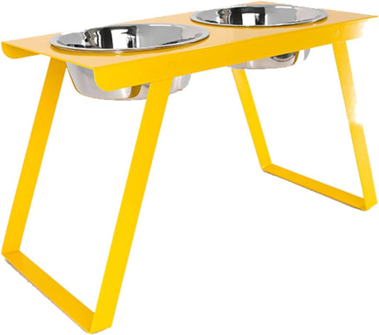 Raised Dog Bowls, Elevated Dog Bowls with 2 Stainless Steel Food & Water Bowls, Dog Food Bowl Stand with a Folding Shelf for Large Dogs,Yellow