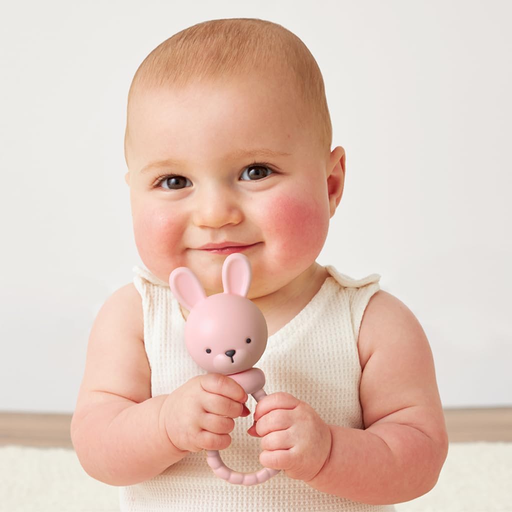 Itzy Ritzy Silicone Rattle Toy – Soothing Teething Toy with Soft Jingle Sound & Easy-Grip Textured Handle - for Ages 3 Months and Up (Bunny)