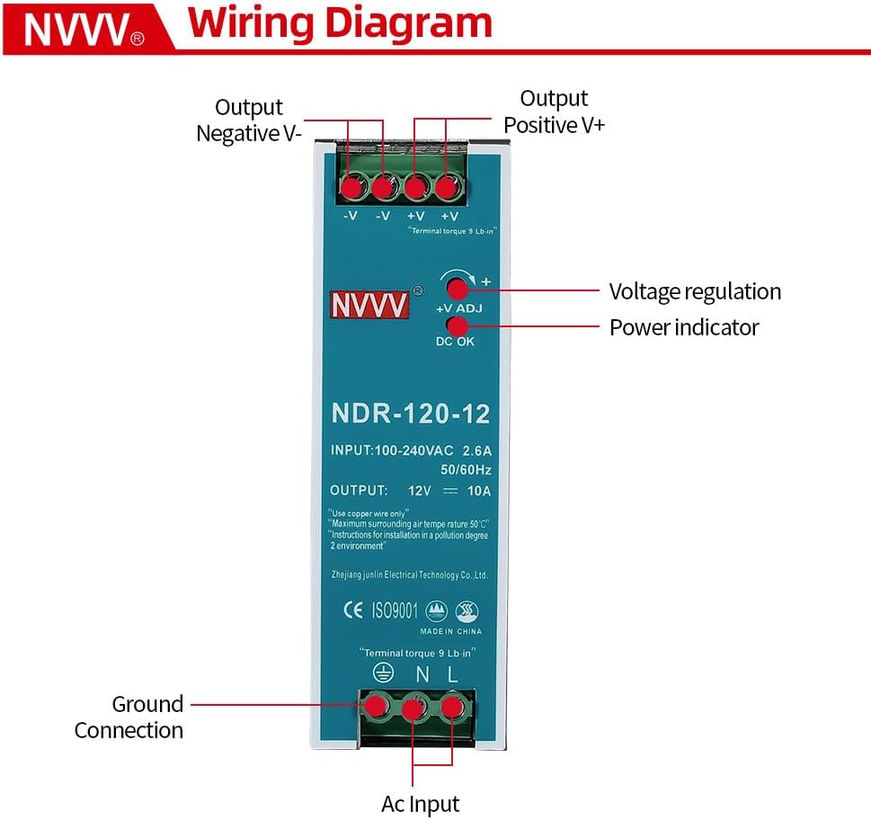 12Vdc 10Amp DIN-Rail Power Supply NDR 120W, Input:100-240VAC,Output:12VDC,Power Supply Switch Switching Converter DC