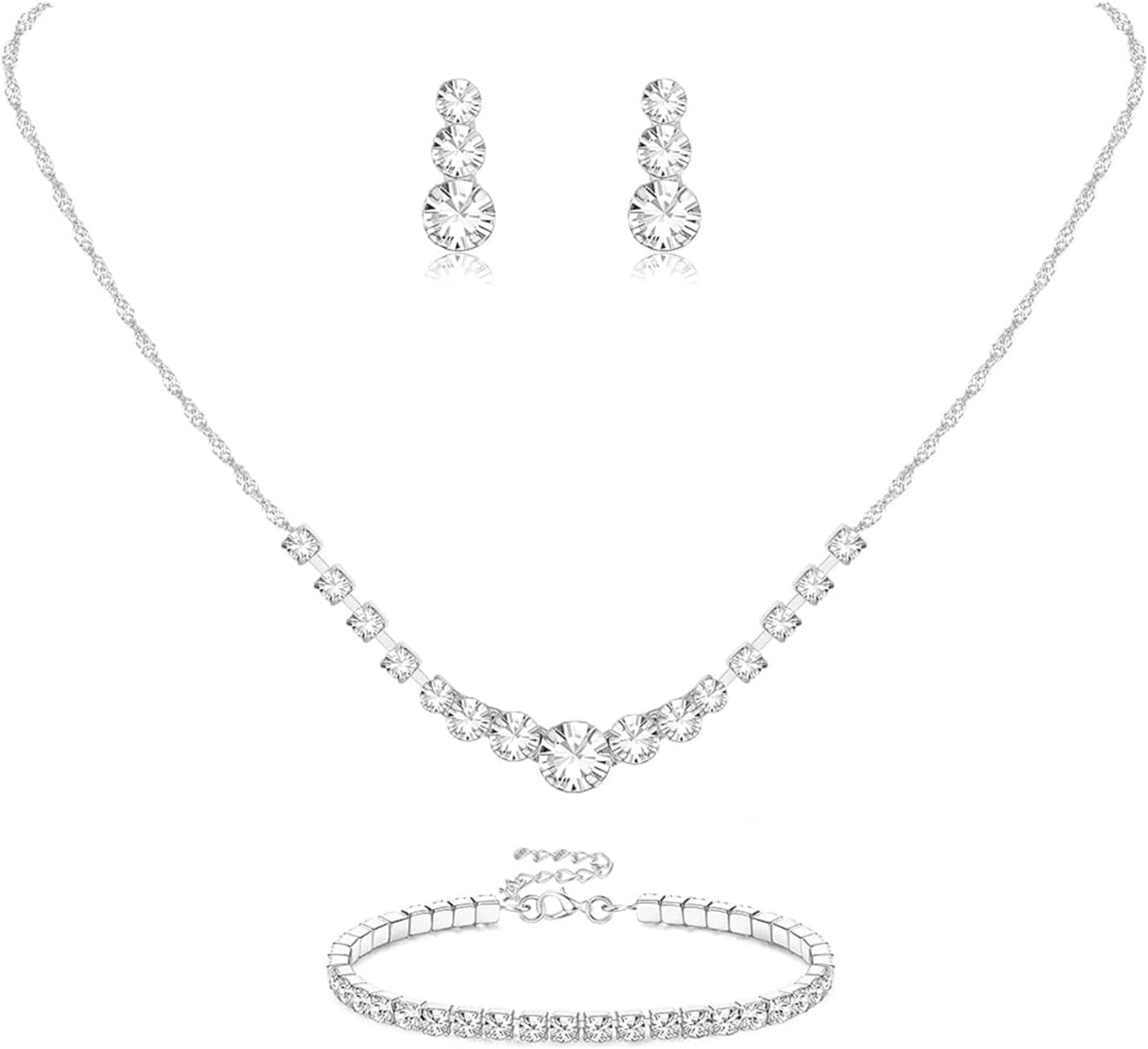 Eyesoul Silver Plated Jewelry Set for Women Rhinestone Crystal Necklace Drop Earrings Link Bangle Bracelet Bridal Wedding Jewelry Sets for Brides Bridemaid Prom Costume Accessories