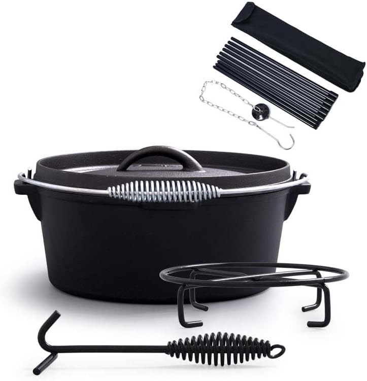 4.5Qt camping dutch oven with lid，cast iron dutch oven，Lifter Handle，Camping Tripod，Cast Iron Camping Cookware, Camping Oven - Campfire Cooking Equipment，With Free Scrubber Brush Stainless Steel Material
