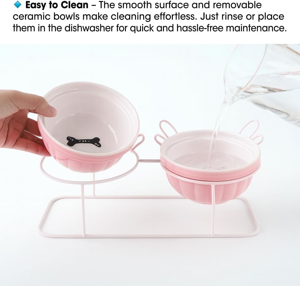 Elevated Tilted Cat Bowls with Metal Stand, Raised Ceramic Food and Water Bowls, Double Removable Dishes with Cute Wing Design, 15° Tilted Anti-Vomiting Pet Feeder, Non-Slip for Indoor Cats (Pink)