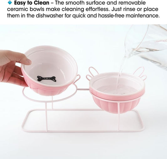 Elevated Tilted Cat Bowls with Metal Stand, Raised Ceramic Food and Water Bowls, Double Removable Dishes with Cute Wing Design, 15° Tilted Anti-Vomiting Pet Feeder, Non-Slip for Indoor Cats (Pink)