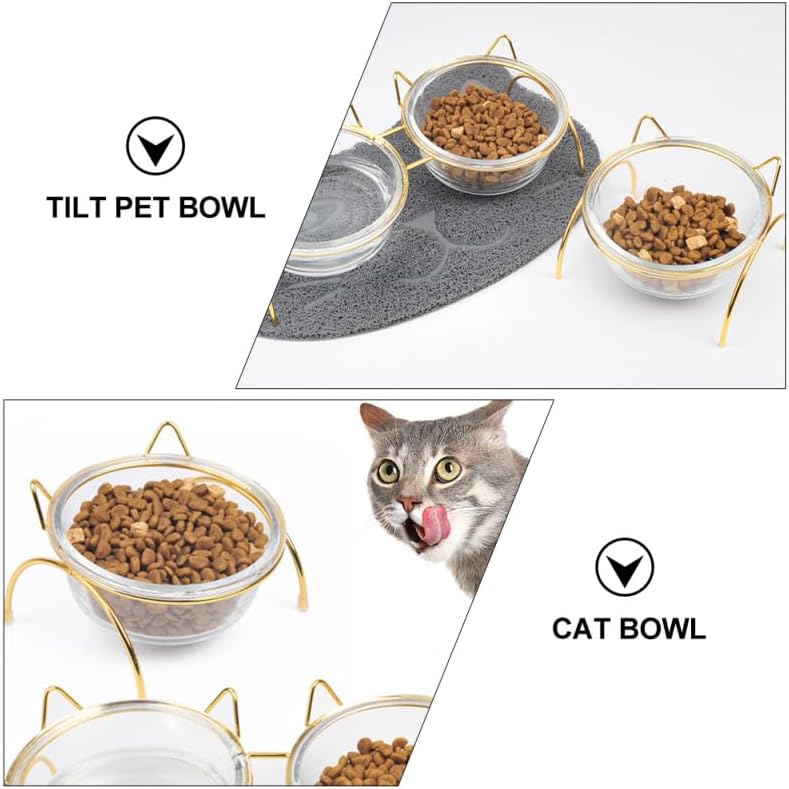 Elevated Glass Cat Food Bowl with Tilted Metal Stand, Single Raised Pet Dish for Neck Guard & Orthopedic Comfort, High Cat Feeder for Water or Food, Indoor Small Dog Bowl with Gold Rack