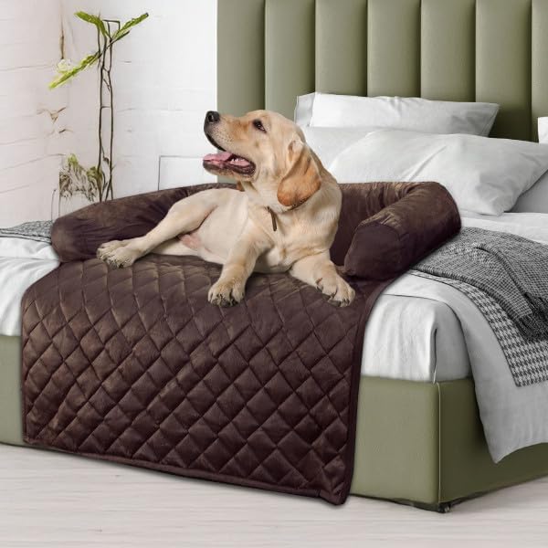 Couch Cover for Dogs – 35x35 Pet Furniture Protector with Memory Foam Bolster, Quilted Fabric, Non-Slip Water-Resistant Base Layer by PETMAKER (Brown)