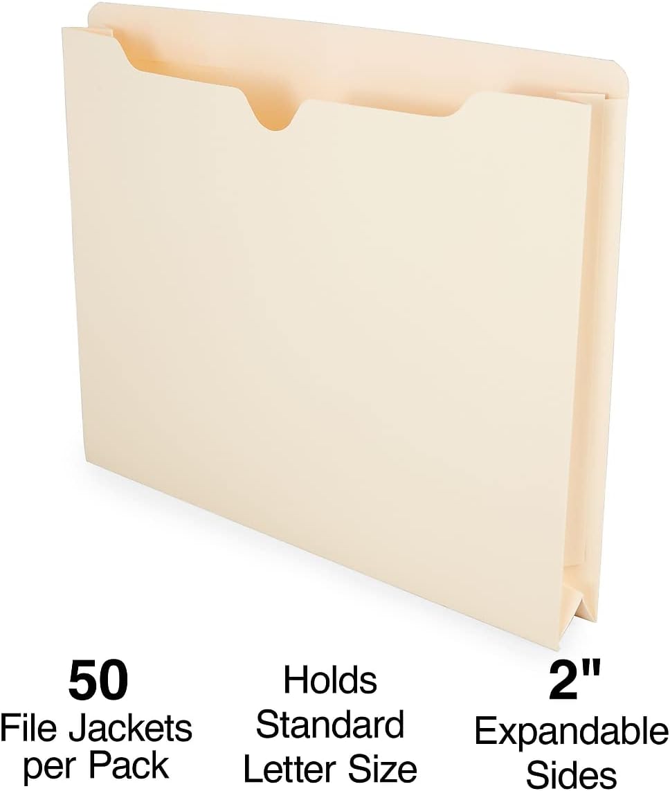 Staples Jacket File Folders, Letter Size, Manila, 2‑Inch Expandable Sides, Heavy‑Duty Construction – 50/Pack