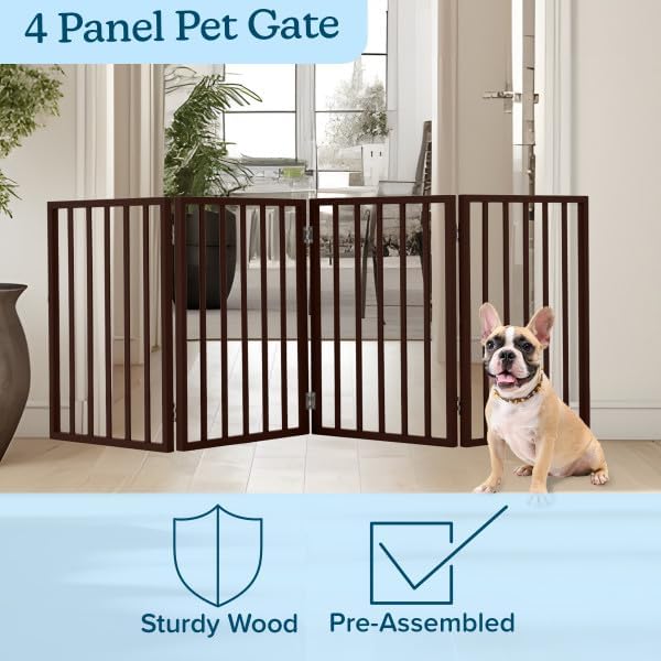 Pet Gate – Dog Gate for Doorways, Stairs or House – Freestanding, Folding, Accordion Style, MDF Wooden Indoor Dog Fence by Petmaker (4 Panel, Brown)